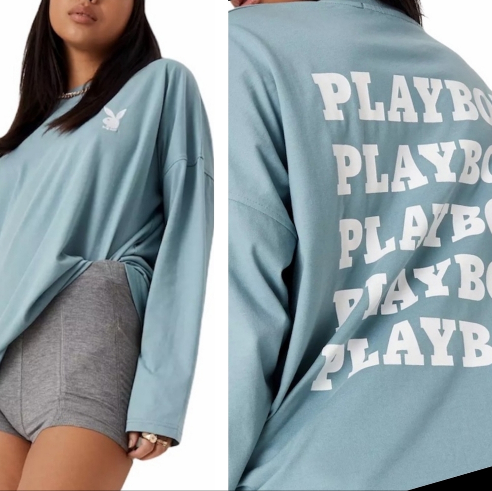 Playboy x Missguided Teal Repeat Masthead Long Sleeve Oversized T-Shirt